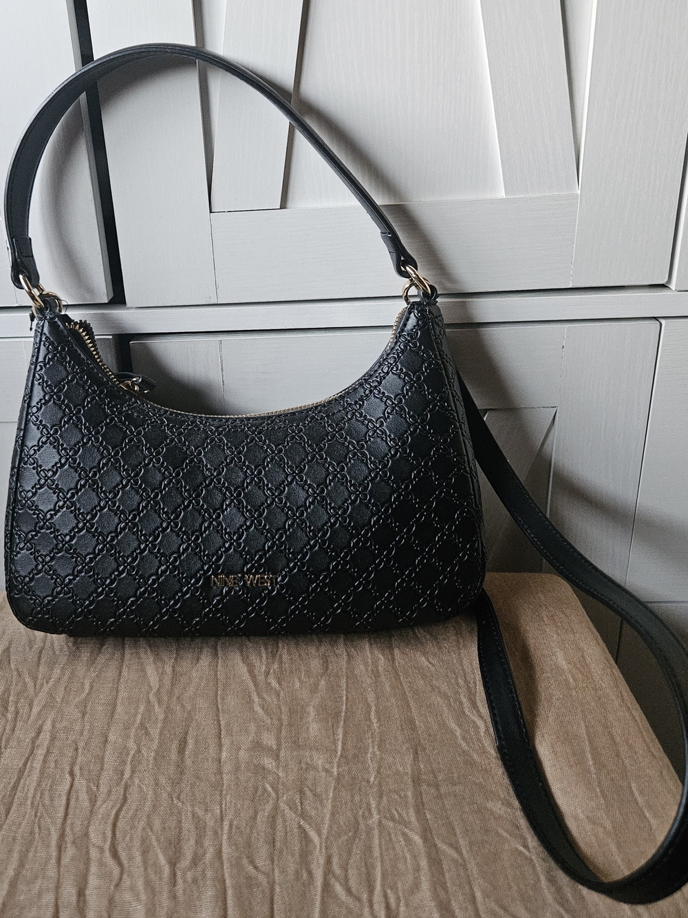 Nine West Black Embossed Shoulder Bag with Gold Accents